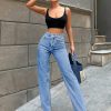 Women's Solid Color Wide Leg Denim Pants With Slanted Pockets
