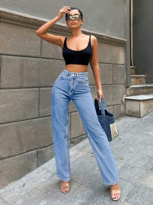 Women's Solid Color Wide Leg Denim Pants With Slanted Pockets