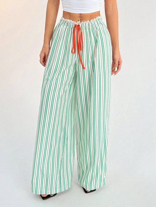 Casual Woven Striped Mid-Rise Loose Wide-Leg Women's Trousers