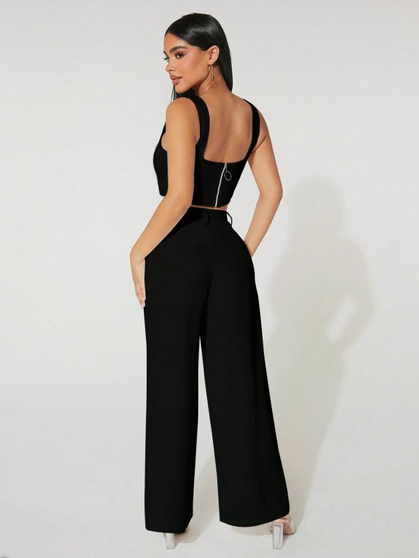 Women's Notch Neck Cropped Vest And Wide Leg Pants 2pcs/Set For Summer
