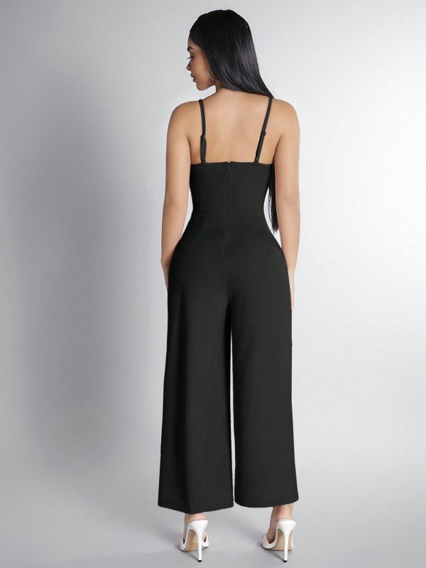 Solid Color Twist Strap Wide Leg Jumpsuit