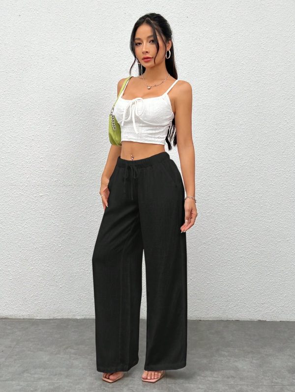Women's Black Woven Wide-Legged Pants With Waist Tie, Casual