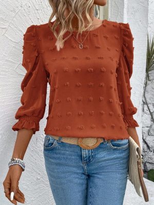 Women's Casual Solid Color Cutout Puff Sleeve Blouse For Autumn