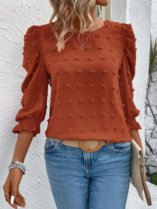 Women's Casual Solid Color Cutout Puff Sleeve Blouse For Autumn