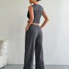 2pcs Women's Casual Solid Color Single-Breasted V-Neck Vest And Pleated Pants Set, Summer