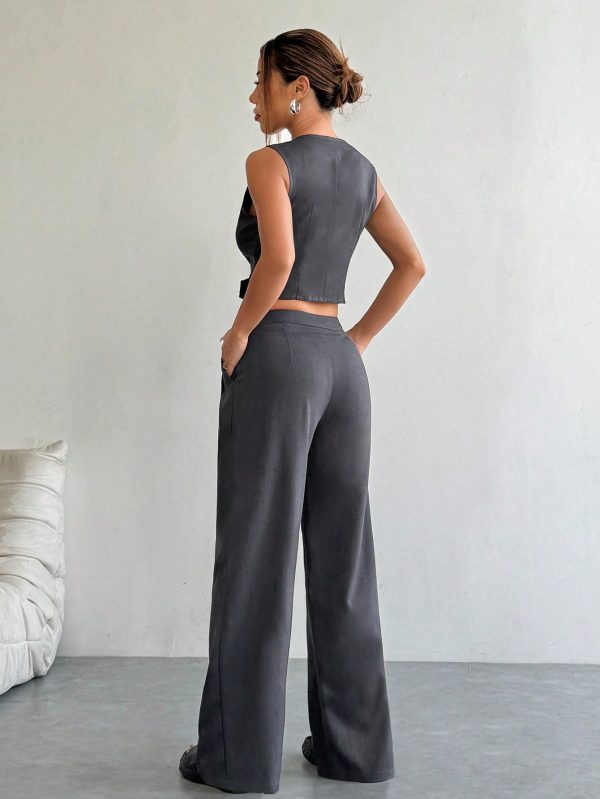 2pcs Women's Casual Solid Color Single-Breasted V-Neck Vest And Pleated Pants Set, Summer