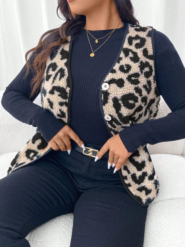 Plus Size Women Sleeveless Leopard Print Fleece Lined Vest