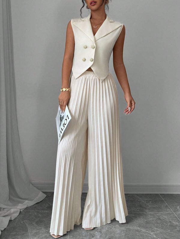 Apricot Color Double-Breasted Suit Collar Pleated Elegant & Romantic Women Suit Set