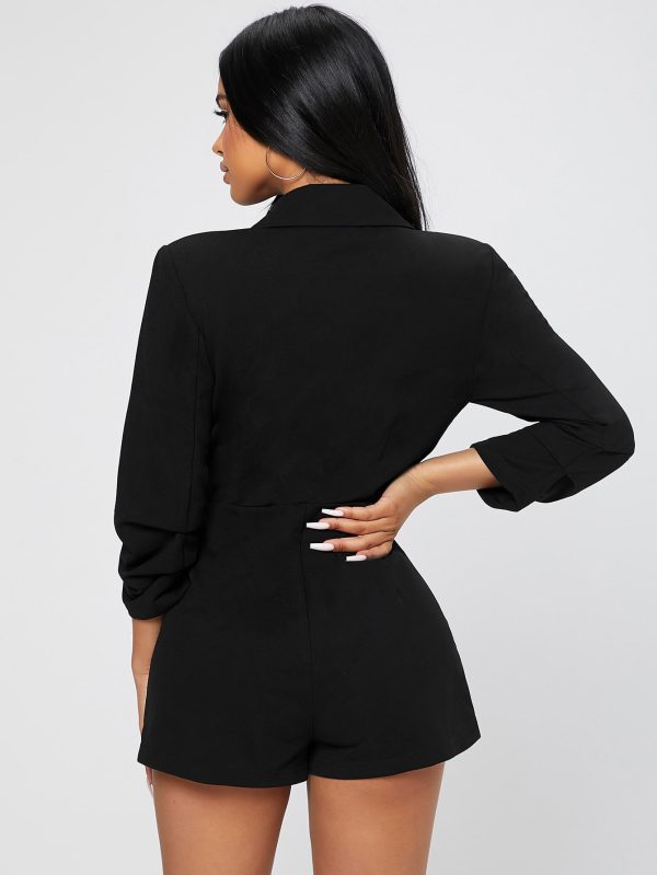 Solid Shawl Collar Wrap Spring Outfits Black Romper