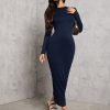 Solid Color Pleated Waist Black Long Sleeve Dress