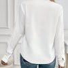 1pc Women Casual Front Pocket Long Sleeve White Blouse, Autumn