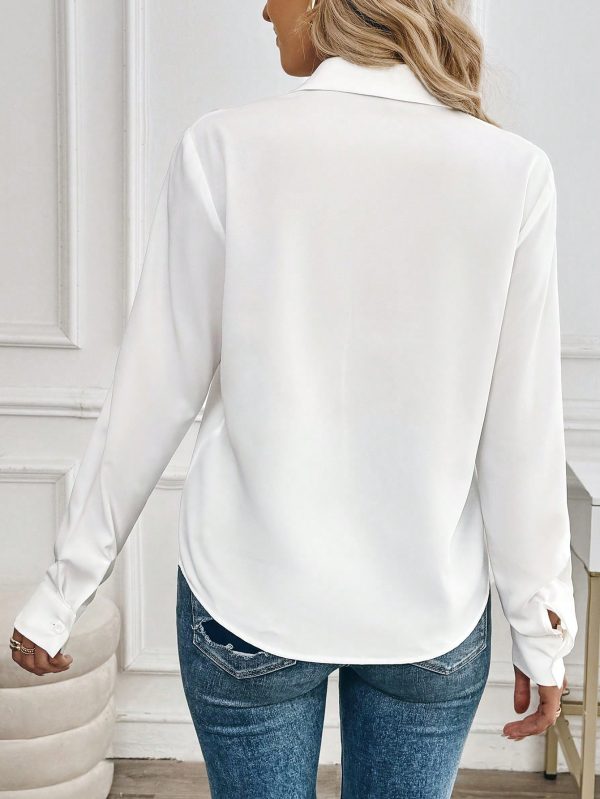 1pc Women Casual Front Pocket Long Sleeve White Blouse, Autumn
