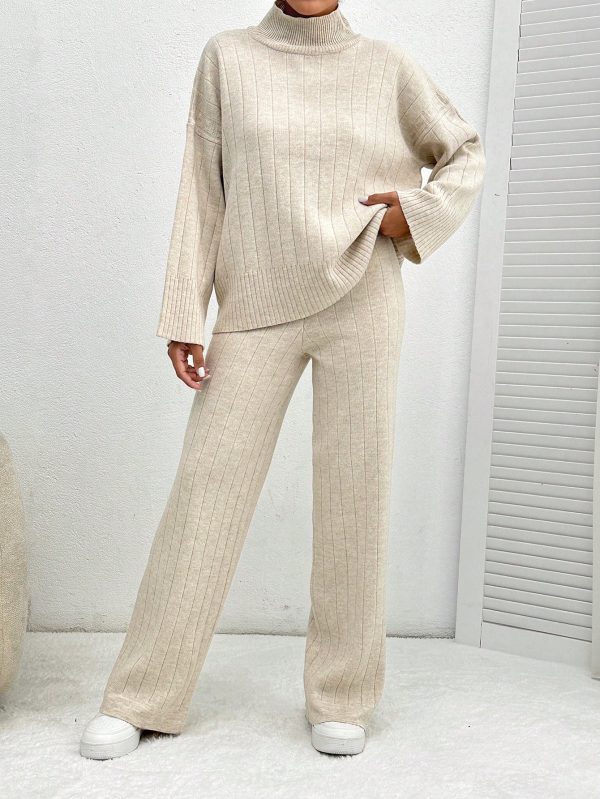 Solid Color Long-Sleeved Sweater And Knitted Trousers Two-Piece Set