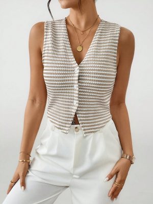 Women's Autumn Striped V-Neck Single-Breasted Casual Pineapple Flower Tank Top