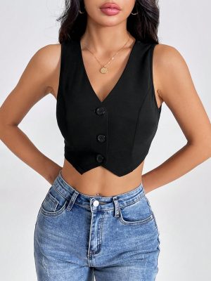 Summer Black Crop Top , Solid Button Front Crop Waistcoat