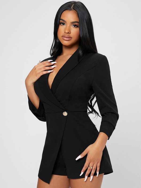 Solid Shawl Collar Wrap Spring Outfits Black Romper