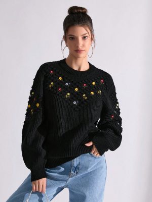 WOMEN FLOWER EMBRODERY FANCY SWEATER