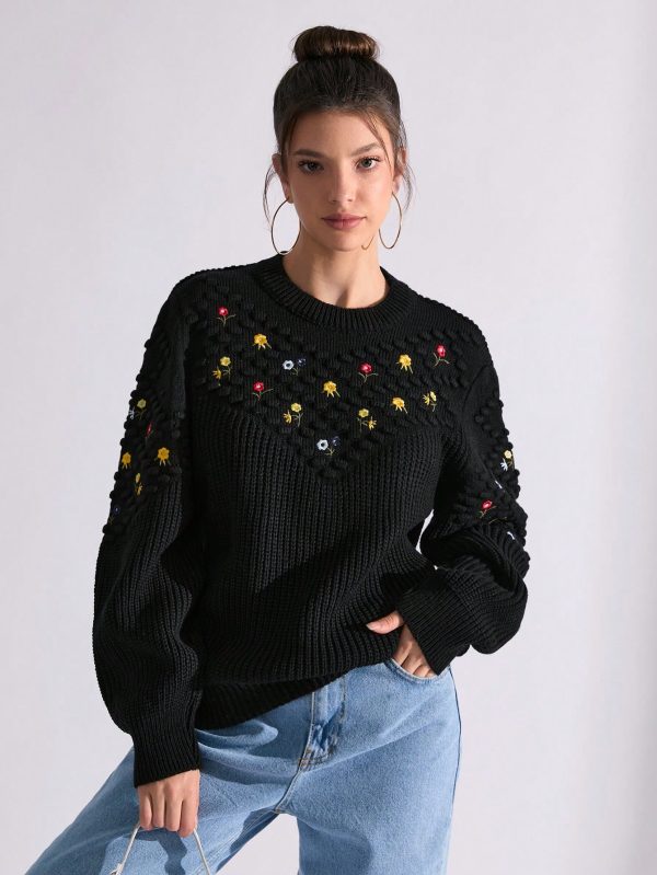 WOMEN FLOWER EMBRODERY FANCY SWEATER