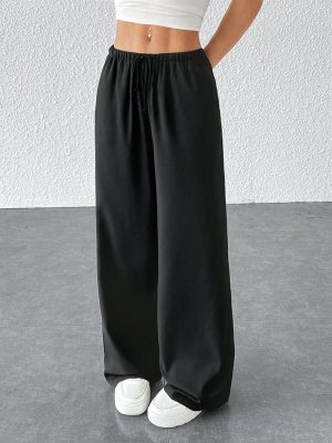 Drawstring Waist Long Pants With Pockets, Loose Pant