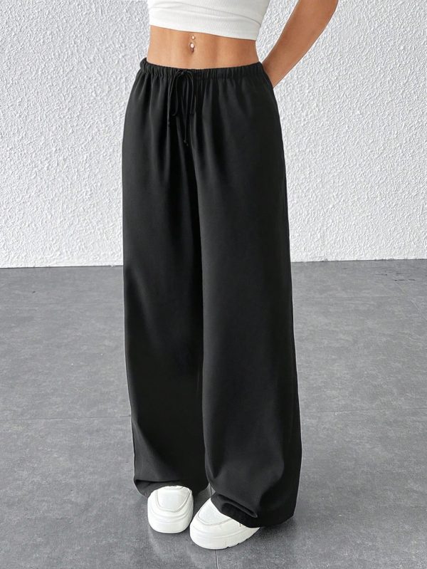Drawstring Waist Long Pants With Pockets, Loose Pant