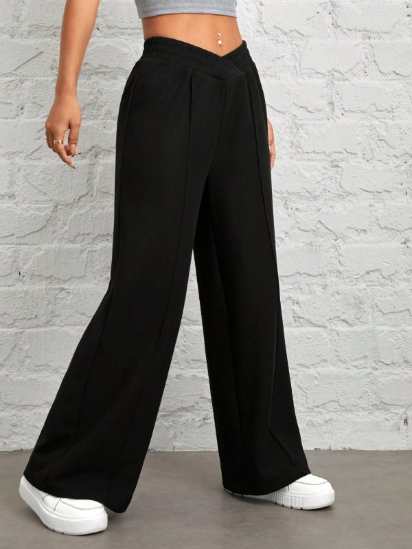 Women's Solid Color Waist Wrap Black Wide Leg Pants