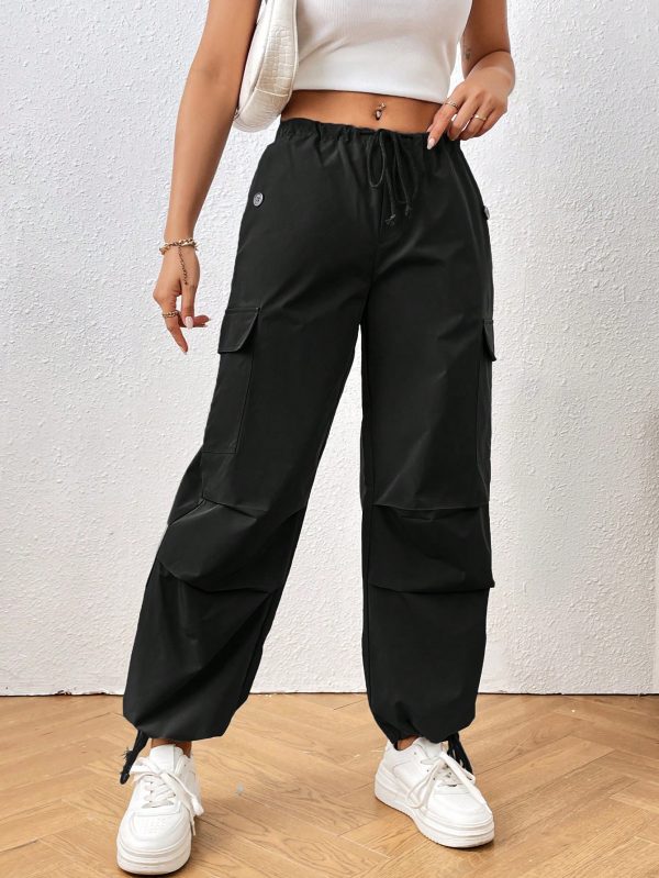 Flap Pocket Side Drawstring Waist Cargo Pants