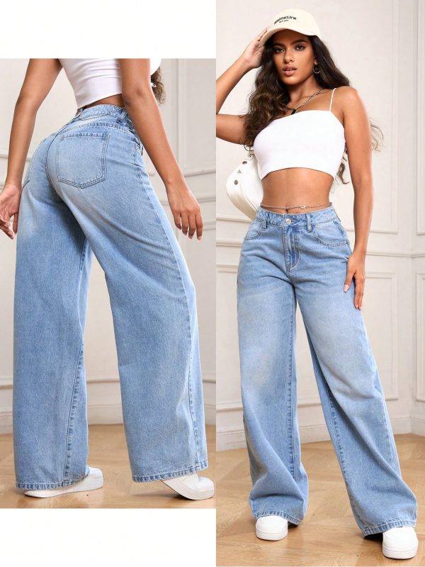 Women Casual Pockets Wide-Leg Loose Fit Denim Jeans