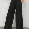 Women's Black Woven Wide-Legged Pants With Waist Tie, Casual