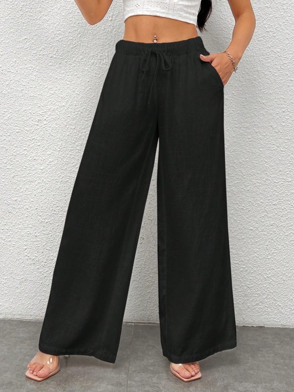 Women's Black Woven Wide-Legged Pants With Waist Tie, Casual