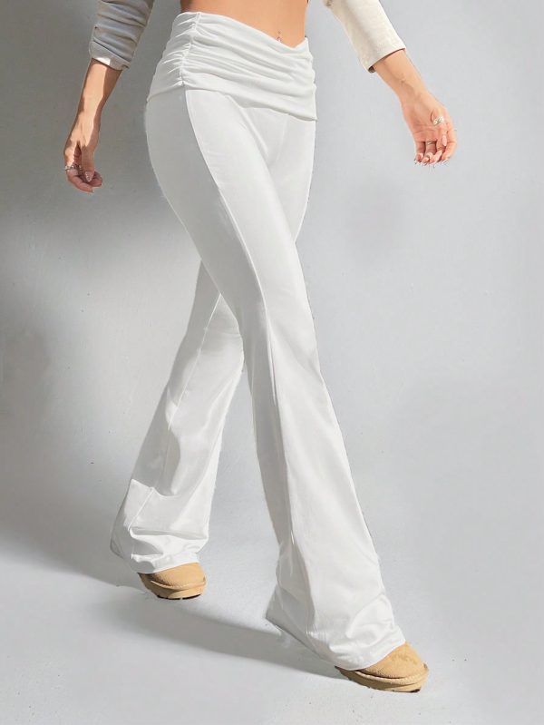 White Y2k Solid Ruched Flare Leg Pants Flare Leggings