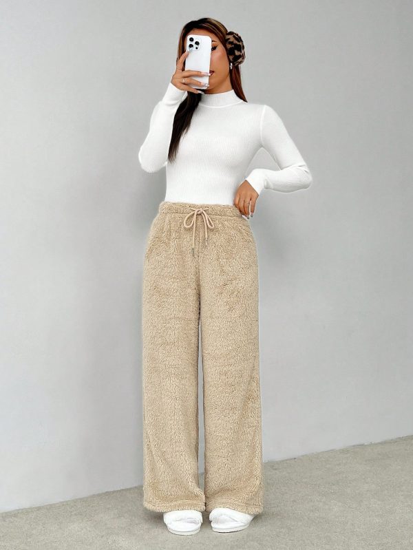 Drawstring Waist Teddy Wide Leg Pants