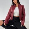 Women Solid Minimal Collared Long Sleeve Zip Up Red PU Leather Jacket