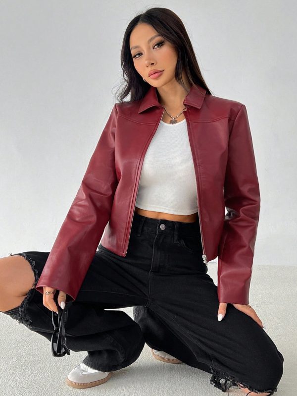 Women Solid Minimal Collared Long Sleeve Zip Up Red PU Leather Jacket