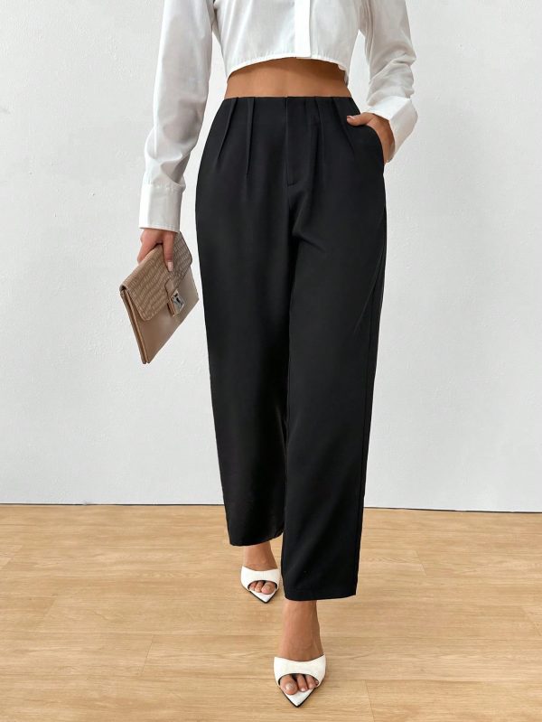 Women's Elegant Button Pocket Black Woven Straight Leg Pants