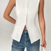 Solid Round Neck Button Front Vest Blazer