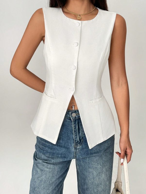 Solid Round Neck Button Front Vest Blazer
