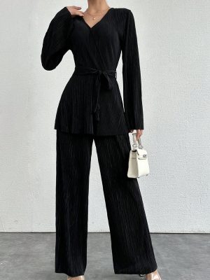 Solid Cross Belted Top & Wide Leg Pants