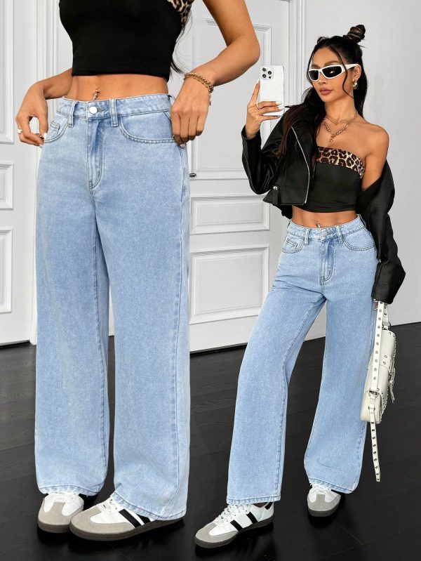 Women's Fashion Versatile Washed Slant Pocket Loose Wide Leg Jeans