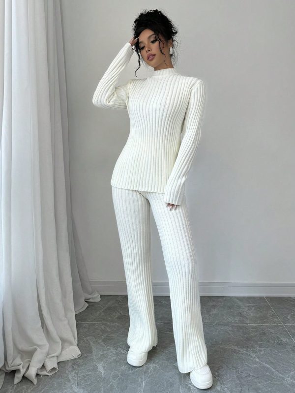 Women's Ribbed 2 Piece Knitted Set, Casual Loose Fit Pullover Sweater, Autumn Winter