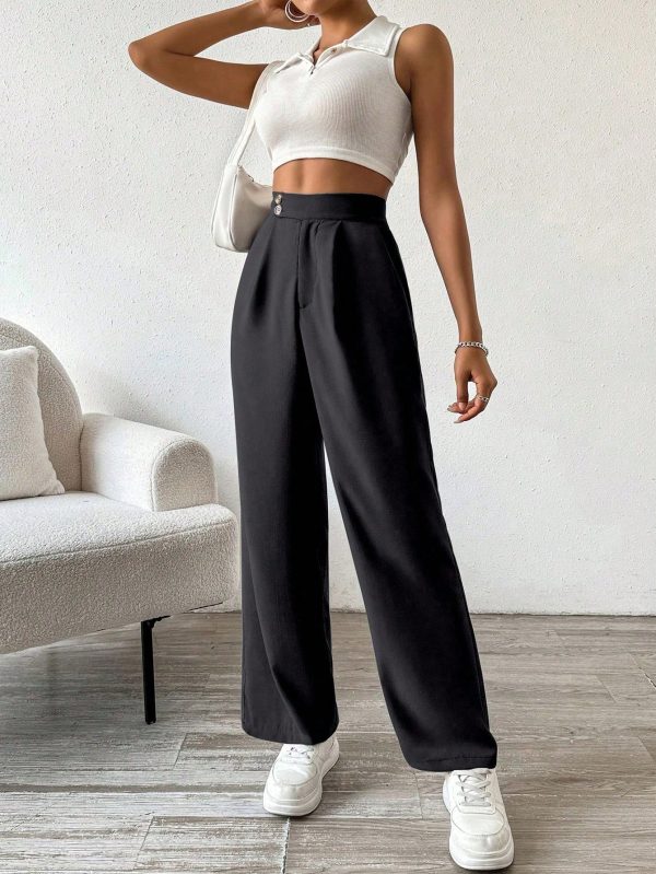 Women's Solid Color High Waist Pleated Wide Leg Loose Pants With Refined Elegant Style