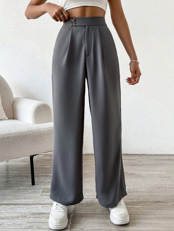 Women Plain Front Button Closure Minimalist Casual Pants, Daily Wear