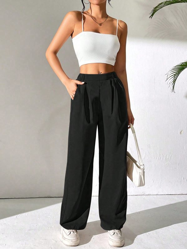 High Waist Pleated Details Elastic Waist Slant Pockets Versatile Wide Leg Pants.