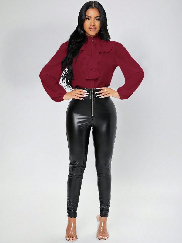 Women's Woven Solid Color Ruffle Hem Long Sleeve Blouse