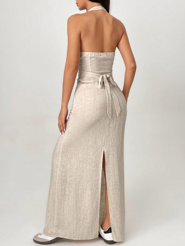 Halter-Neck Buttoned Top And Elegant Loose Skirt Two-Piece Set