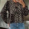 Casual Leopard Print Button Up Tie Waist Ruffle Hem Shirt For Women, Autumn/Winter