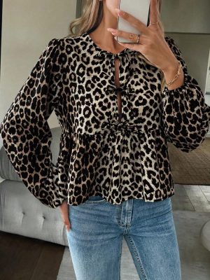 Casual Leopard Print Button Up Tie Waist Ruffle Hem Shirt For Women, Autumn/Winter