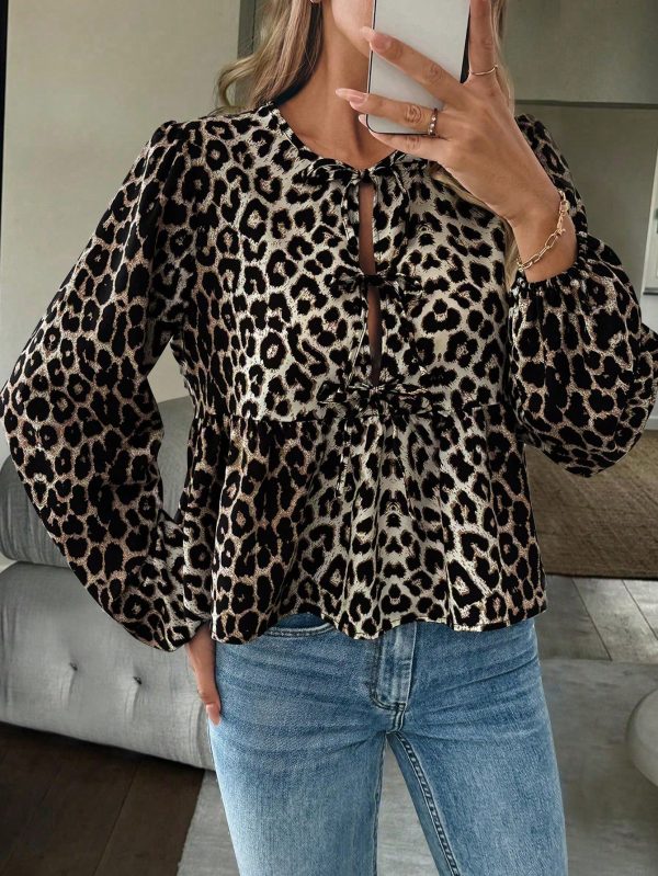 Casual Leopard Print Button Up Tie Waist Ruffle Hem Shirt For Women, Autumn/Winter