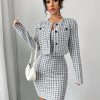 Women Black & White Plaid Black Gold Button Short Jacket & Cami Midi Dress Set