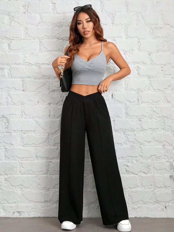 Women's Solid Color Waist Wrap Black Wide Leg Pants