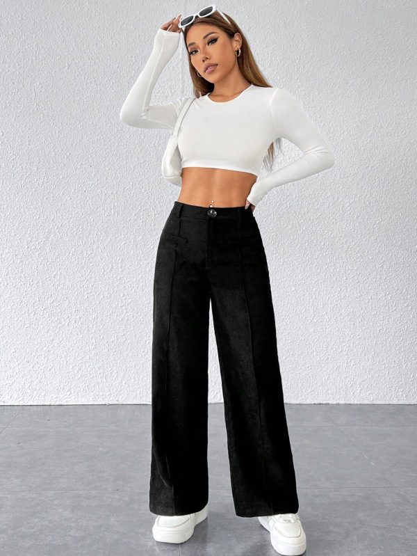Black Corduroy Women's Wide Leg Trousers